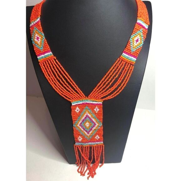 1795 Beautiful beaded orange multi strand boho fringe necklace 26-29" - Picture 1 of 4